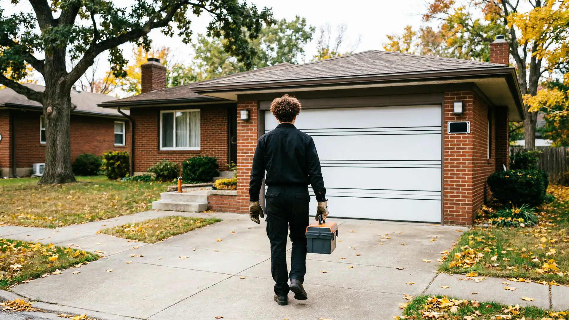 A technician walks toward a white garage door on a brick house.