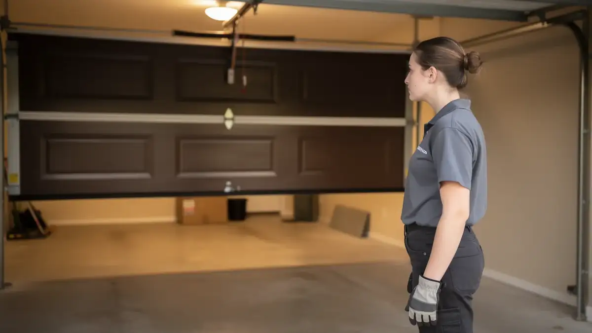 A technician stands in a garage looking at a brown garage door.